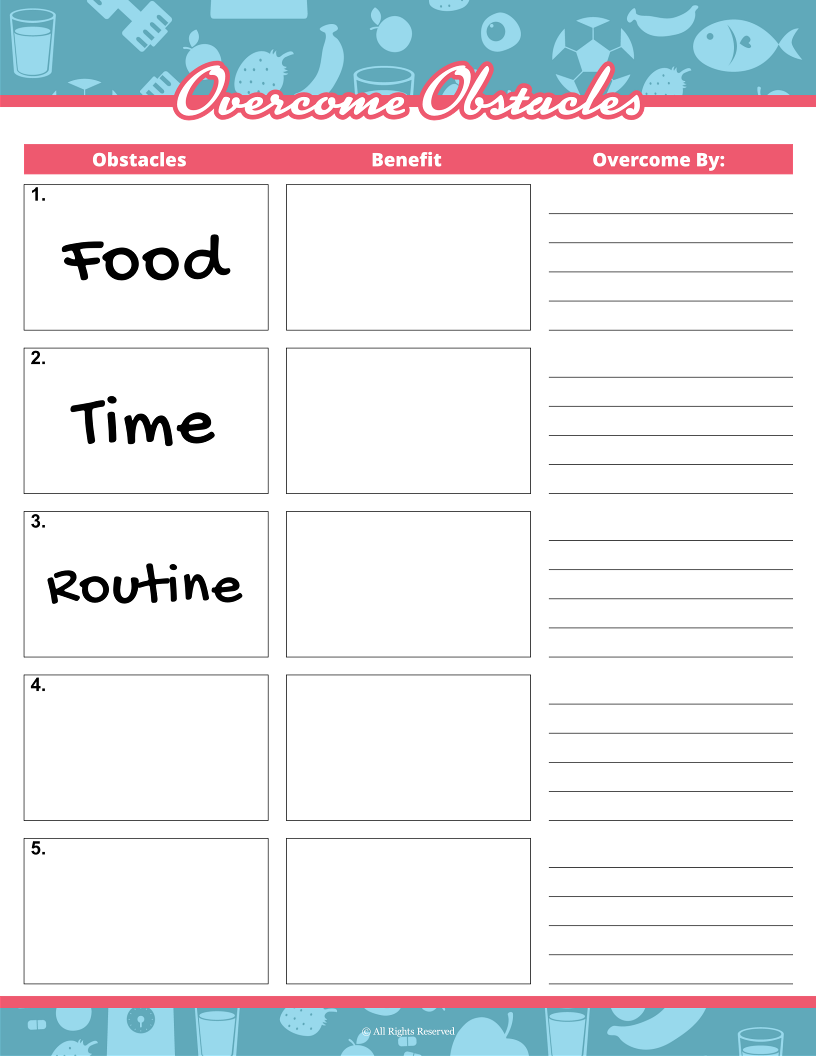 The "Overcome Obstacles" worksheet from Wondermom Shop's Fitness Binder includes sections for obstacles, benefits, strategies, and items like Food, Time, and Routine. Spaces for two more entries and strategies like workout trackers or meal planning make it a perfect addition!.