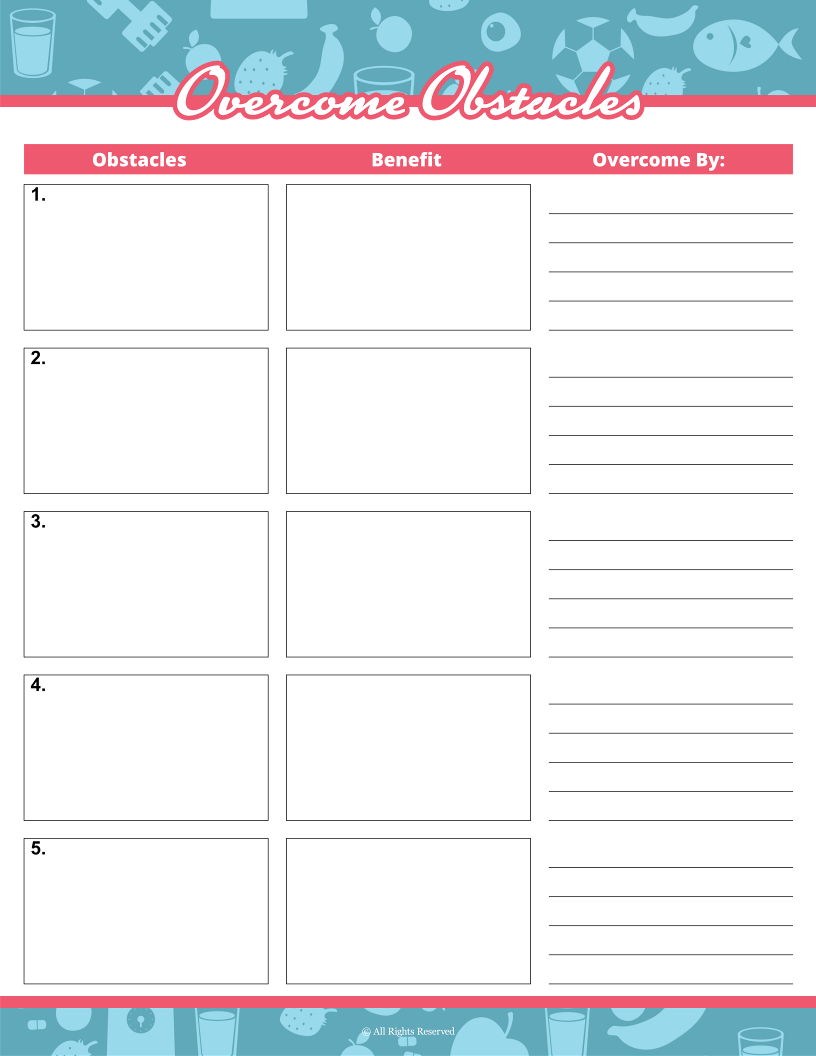 The "Overcome Obstacles" chart showcases sections for challenges, benefits, and strategies, with a backdrop of weights and vegetable icons. Ideal for the Fitness Binder from Wondermom Shop to incorporate meal planning with workout trackers.