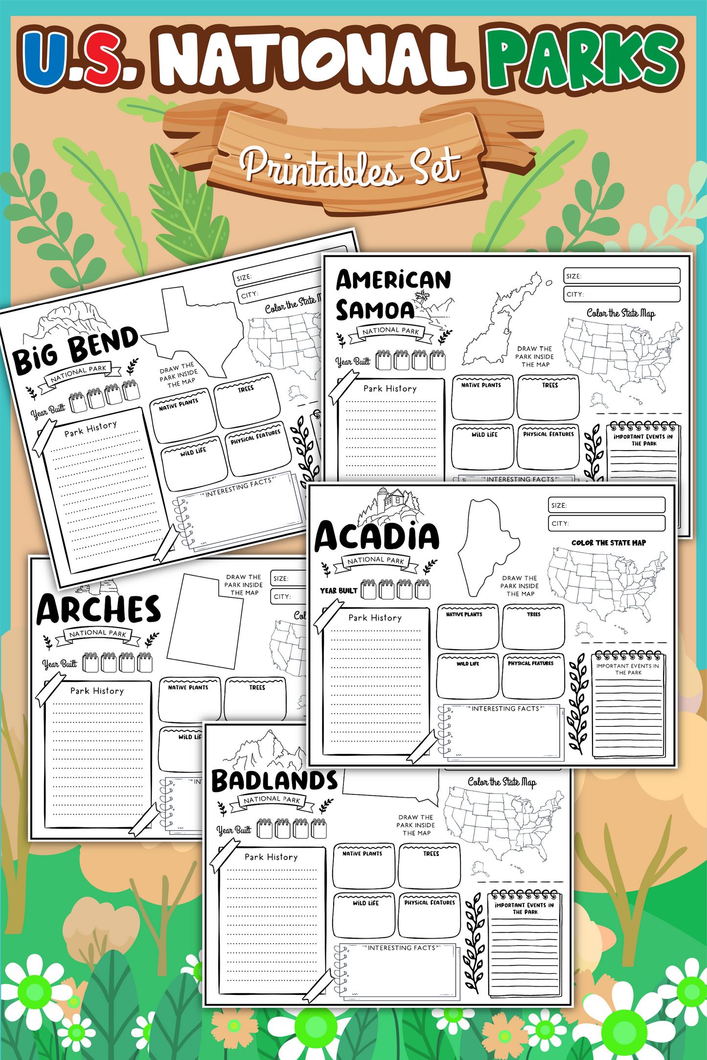 Introducing the "National Parks Adventure Activity Set" for young explorers! This downloadable collection from Wondermom Shop features five national parks: Big Bend, American Samoa, Acadia, Arches, and Badlands. Each worksheet includes sections on history and state map coloring to ignite curiosity.
