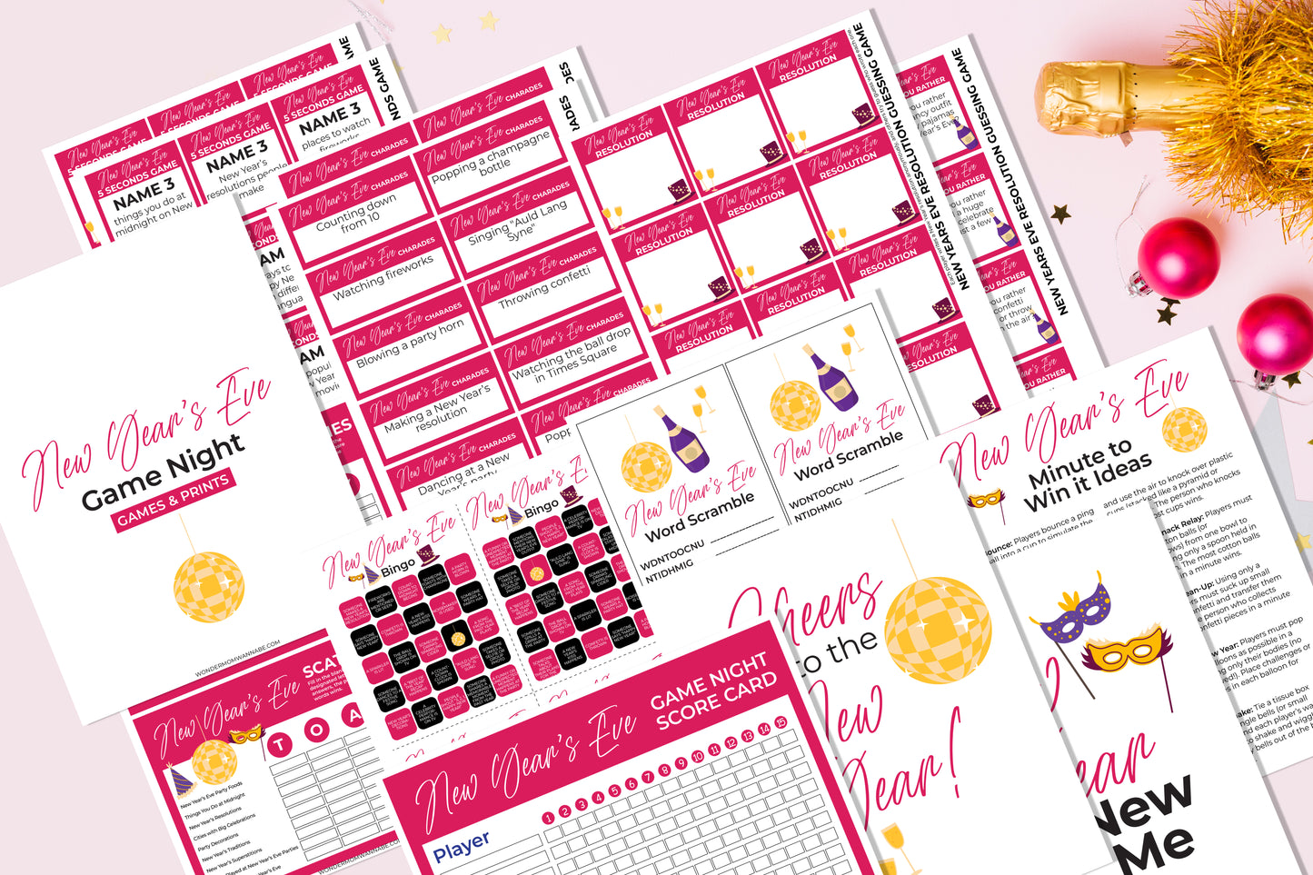 Celebrate the New Year with Wondermom Shop's New Year's Eve Game Night Kit. This festive set includes printable party games such as scorecards, word scramble, and mask cutouts, all designed in a cheerful pink and gold theme.