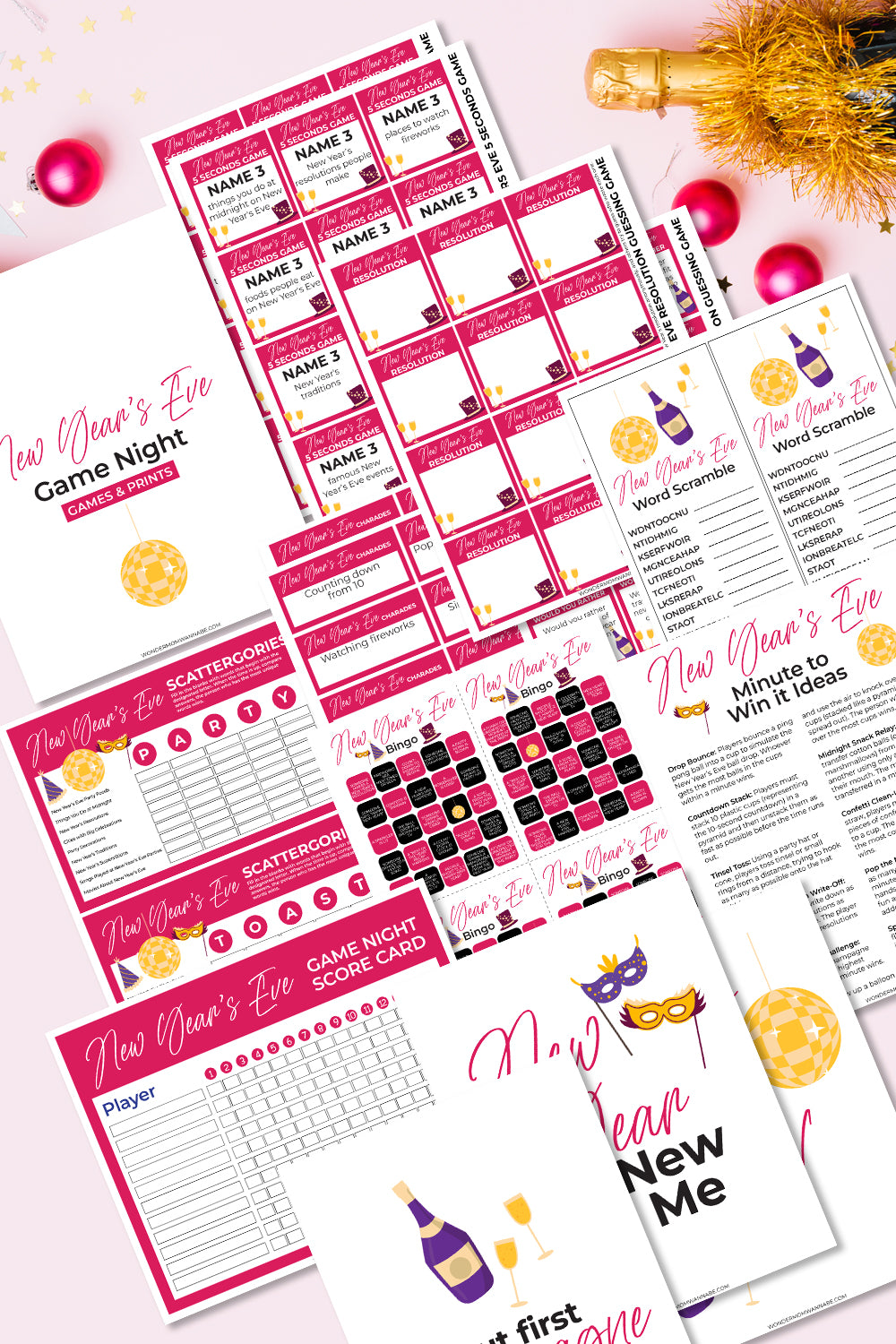 Ring in the New Year with the New Year's Eve Game Night Kit from Wondermom Shop! This kit features all your printable party game essentials, including name tags, bingo cards, word scramble, win ideas, and scorecards. Everything is wrapped in a festive pink and gold design that's perfect for celebrating New Year's Eve.