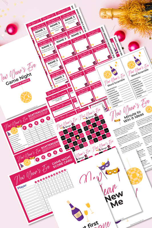 Ring in the New Year with the New Year's Eve Game Night Kit from Wondermom Shop! This kit features all your printable party game essentials, including name tags, bingo cards, word scramble, win ideas, and scorecards. Everything is wrapped in a festive pink and gold design that's perfect for celebrating New Year's Eve.