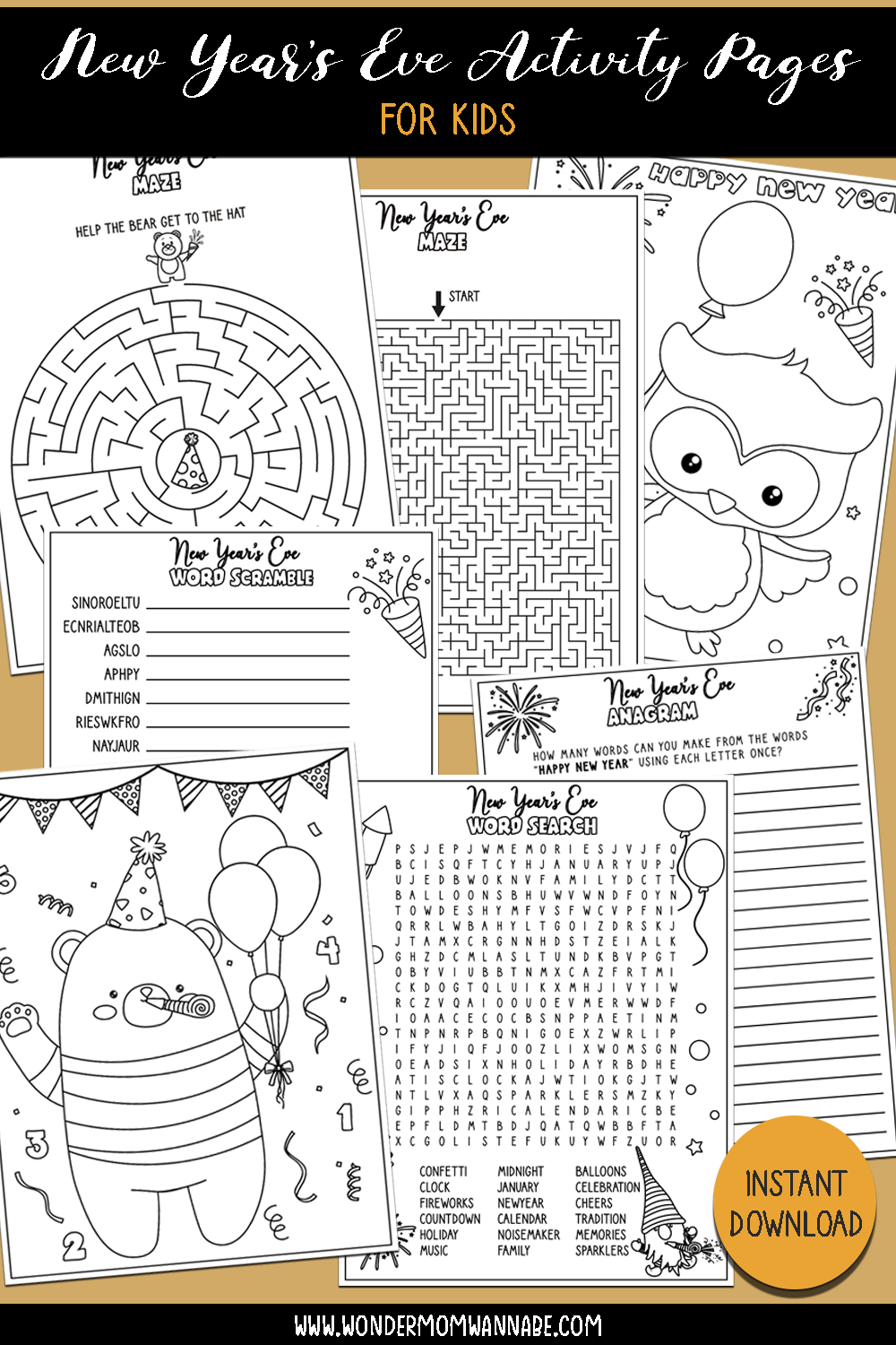 New Year Activity Set from Wondermom Shop for kids, featuring black and white pages with a maze, word search, word scramble, coloring sections, and writing prompts. Text at the bottom: "Instant Download - www.wondermomwannabe.com.