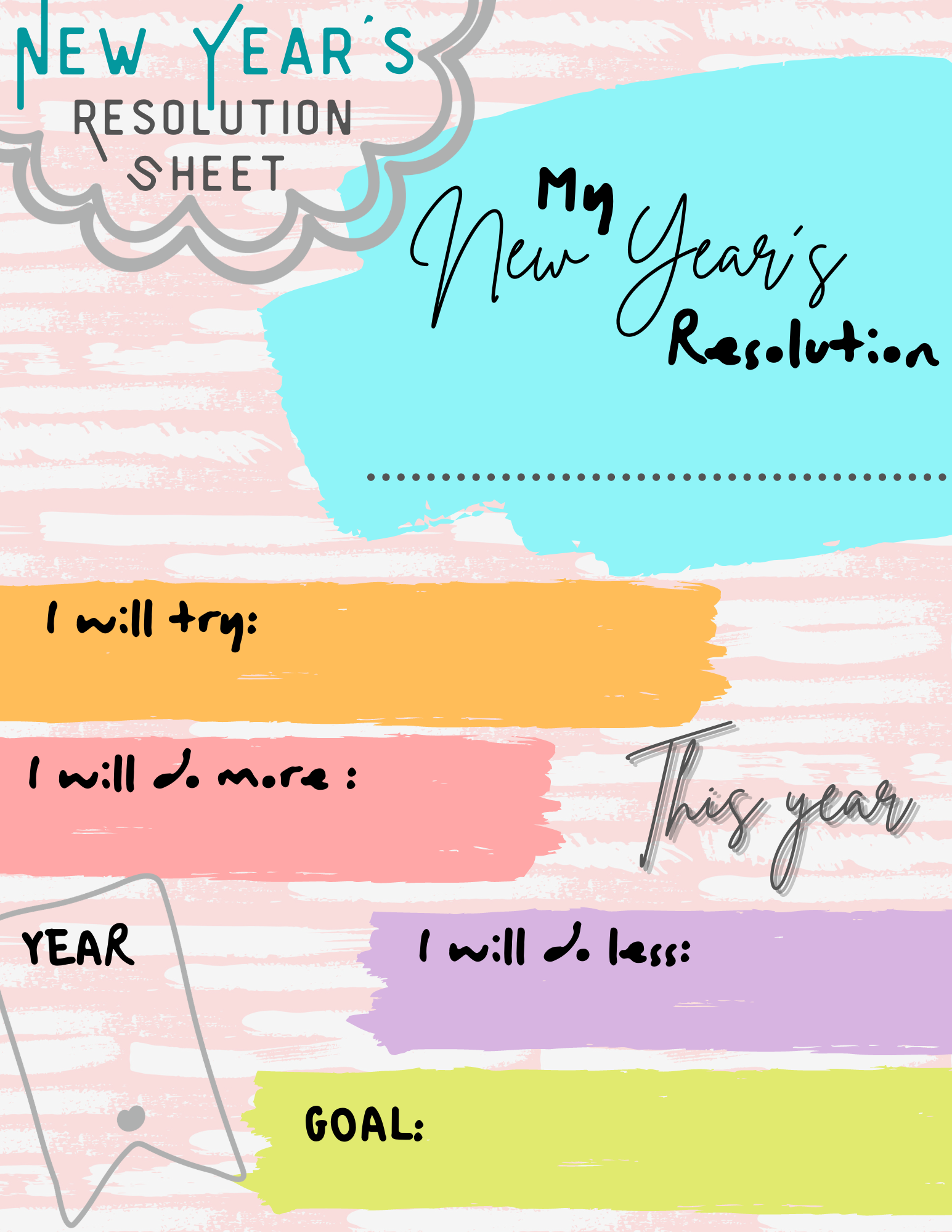 A vibrant New Year Resolution Sheet from Wondermom Printables features designated sections for resolutions to try new activities, increase certain habits, reduce others, and set achievable goals for the year. It's ideal for tracking your progress and staying motivated all year long.