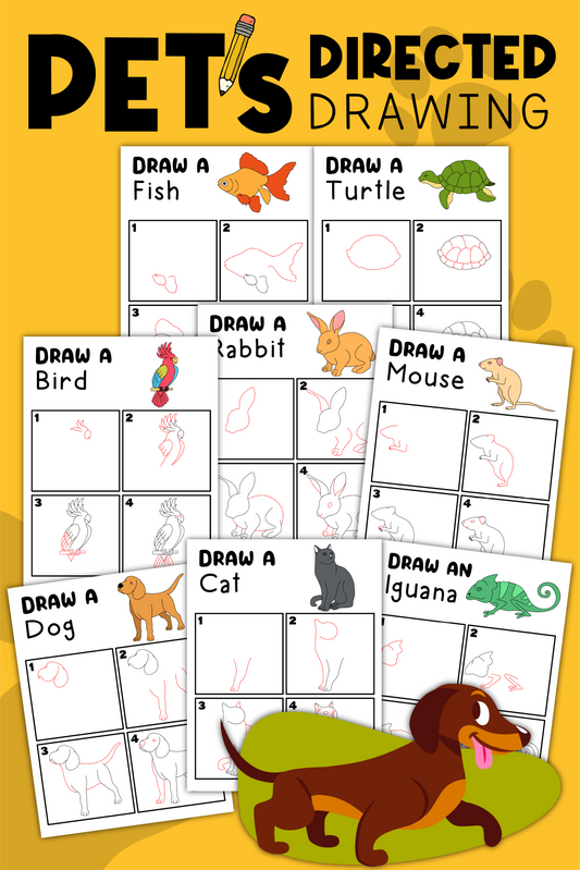 An image showcasing step-by-step drawing tutorials for a fish, turtle, bird, rabbit, mouse, dog, cat, and iguana titled "How to Draw Pets" by Wondermom Shop. An illustrated dog is also featured at the bottom to enhance your drawing skills through fun step-by-step activities.