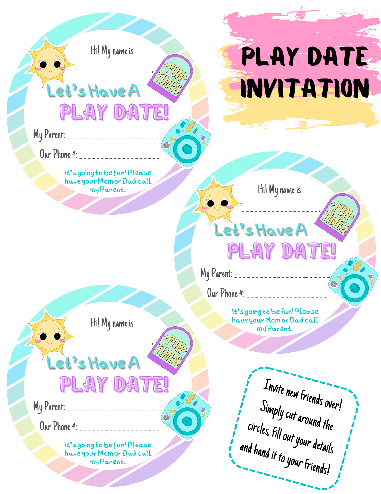 Collection of four colorful Wondermom Printables Play Date Invitation templates featuring text, speech bubbles, and a cheerful sun graphic in the corners.
