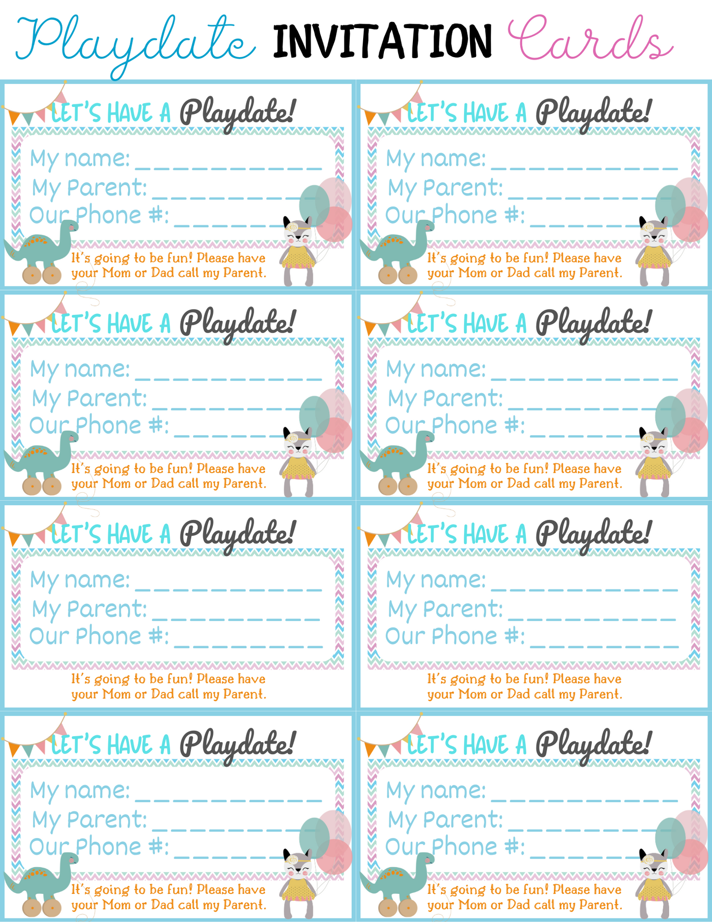Wondermom Printables' Playdate Cards are a set of eight invitation cards with fill-in-the-blank spaces for the child's name, parent's name, and phone number. The cards feature playful designs and are titled "Let's Have a Playdate!".