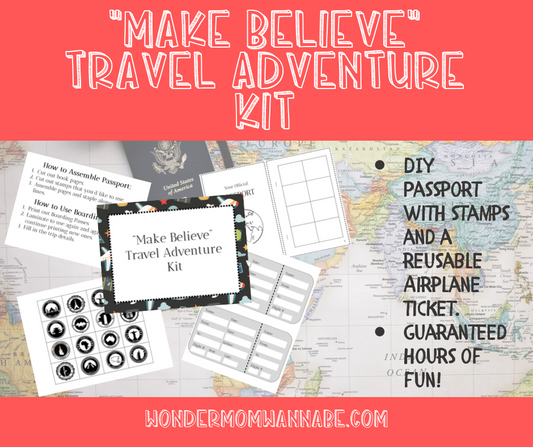 The "Travel Adventure Pretend Play" kit by Wondermom Shop includes a DIY passport with stamps and a reusable airplane ticket. The background features a map and related travel items, ensuring hours of fun with this exciting Pretend Play Travel Adventure Pack!
