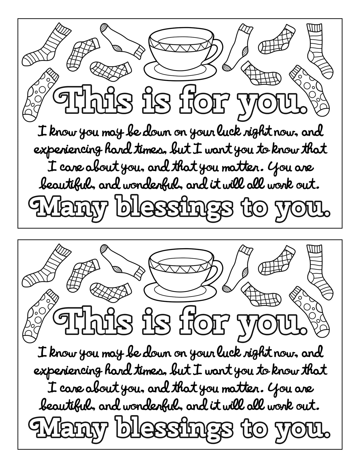 A coloring page with the words, many blessings to you, as part of a Random Acts of Kindness Gift Set promoting Wondermom Shop.