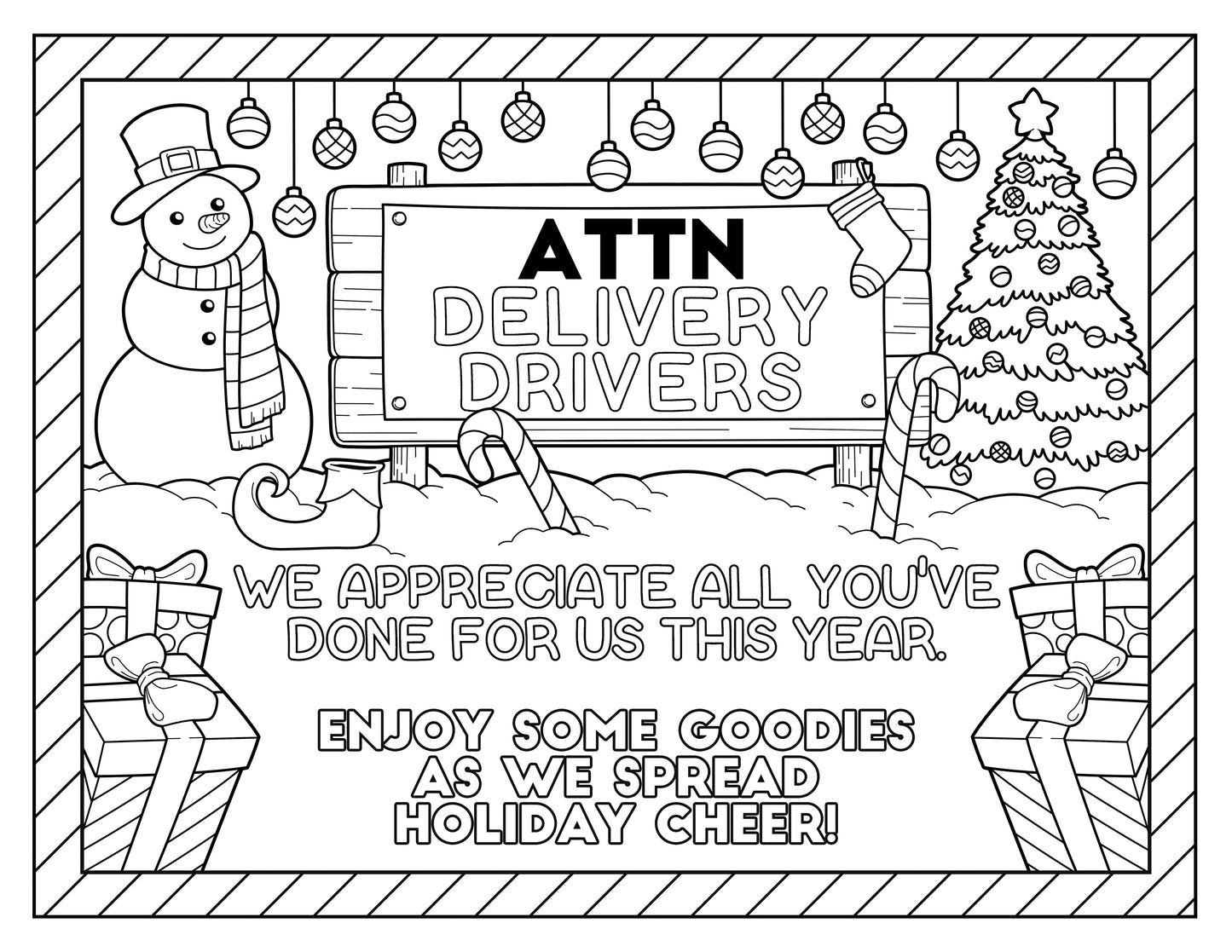 A Christmas coloring page featuring a heartfelt message of appreciation for delivery drivers during the holiday season, emphasizing Random Acts of Kindness Gifts Set from Wondermom Shop towards their efforts.