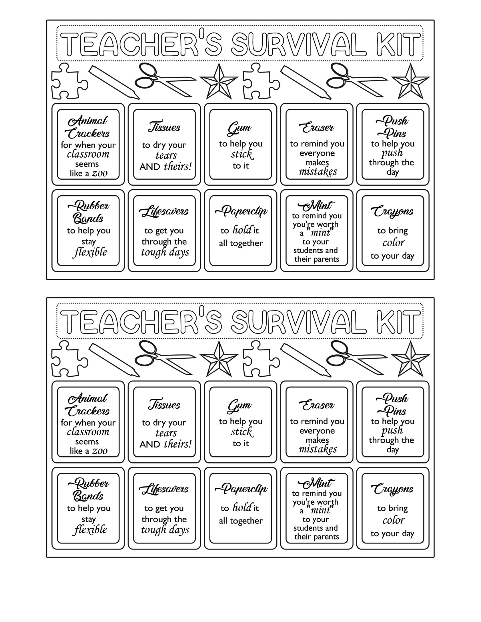 A teacher's survival kit gift set with scissors for their kindness efforts and Random Acts of Kindness from Wondermom Shop.