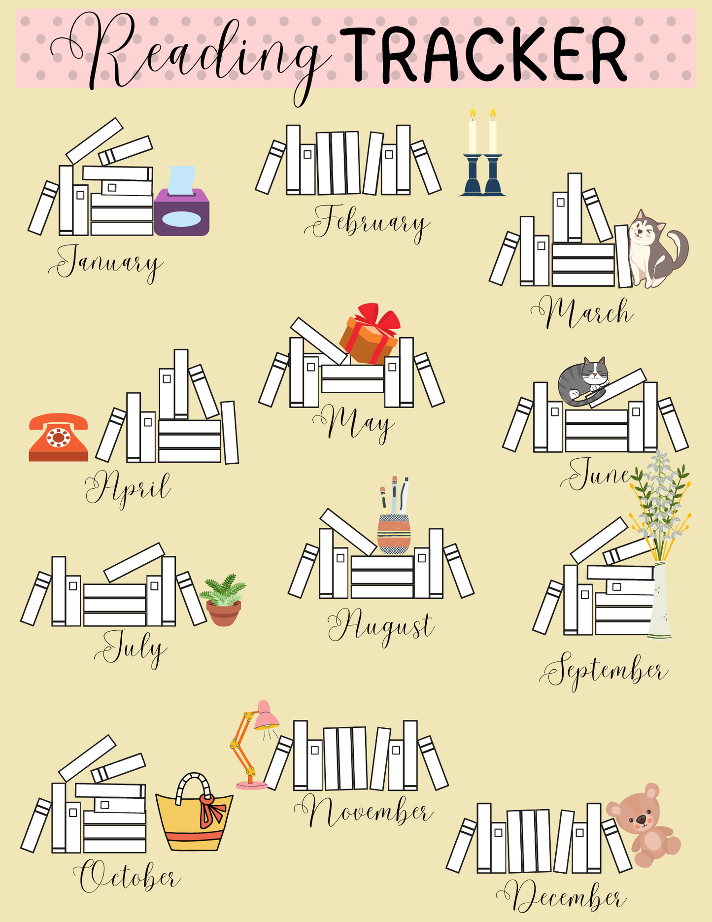 The Wondermom Printables Reading Tracker is designed with monthly sections from January to December, each adorned with illustrations of books and various themed icons. Each section also includes a printable coloring page, making it perfect for setting your reading goals while adding a splash of creativity.