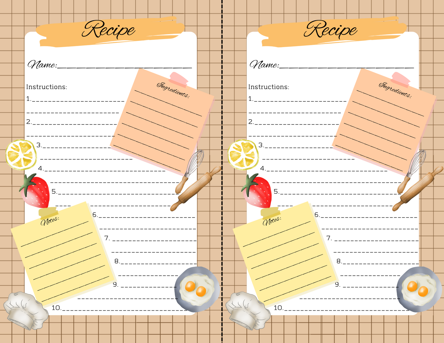 The Recipe Notes template by Wondermom Printables features sections for name, ingredients, instructions, and notes. It is decorated with images of strawberries, lemons, eggs, garlic, a whisk, and a rolling pin to help you organize recipes with kitchen efficiency in mind.