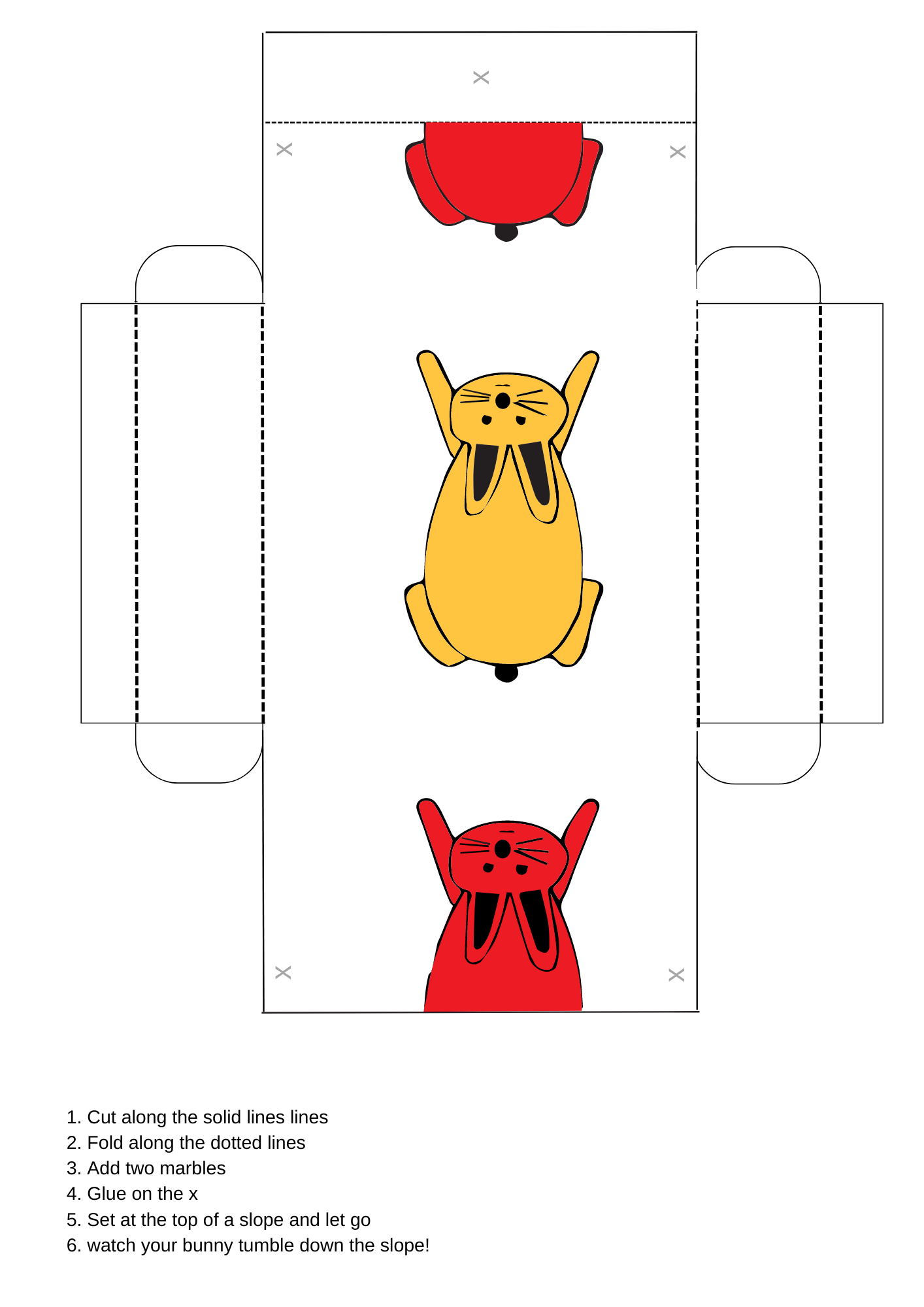 The Rolling Rabbits cut-out template by Wondermom Printables includes instructions at the bottom. The template features red and yellow bunnies and marks for folding and cutting, with directions on fitting marbles to make the toy tumble.