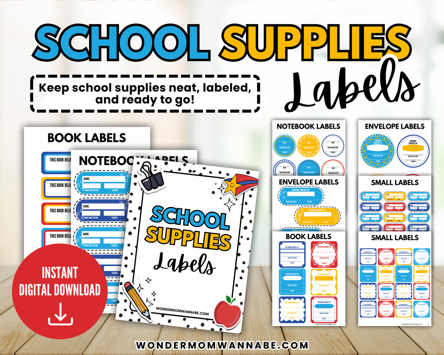 Image featuring printable labels for books, notebooks, envelopes, and more—plus a digital student planner. Instantly download The Ultimate Back-to-School Bundle for Busy Moms from the Wondermom Shop.