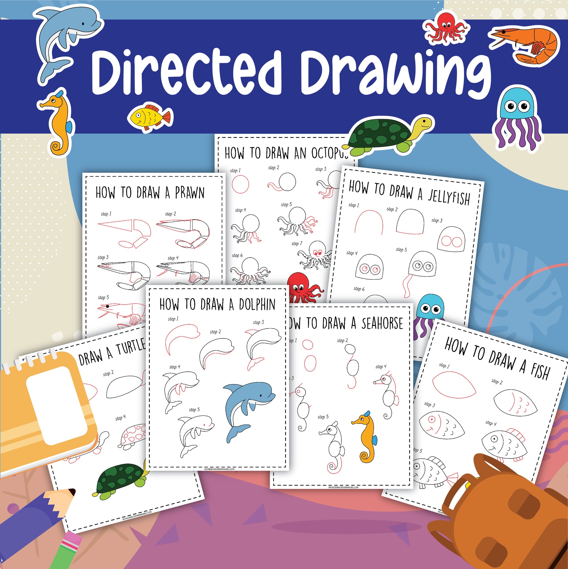 The How to Draw Sea Animals activity pack by Wondermom Shop provides step-by-step drawing guides with instructions on how to draw a prawn, octopus, jellyfish, turtle, dolphin, seahorse, and fish, all set against vibrant sea creature illustrations.