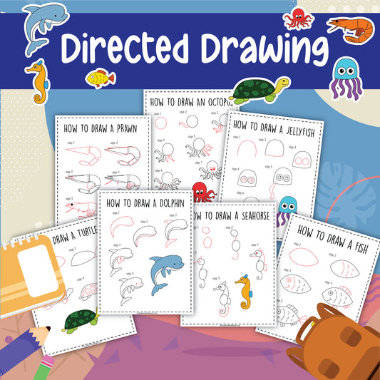 The How to Draw Sea Animals activity pack by Wondermom Shop provides step-by-step drawing guides with instructions on how to draw a prawn, octopus, jellyfish, turtle, dolphin, seahorse, and fish, all set against vibrant sea creature illustrations.