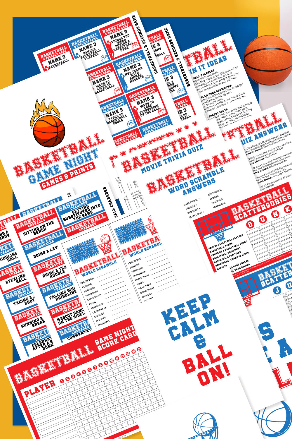 Introducing the Wondermom Shop's Basketball Night Fun Pack, a thrilling printable set featuring basketball-themed trivia, charades, quizzes, score sheets, and word scrambles. Each has a small basketball in the corner to enhance your game night experience.