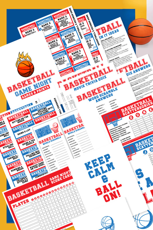 Introducing the Wondermom Shop's Basketball Night Fun Pack, a thrilling printable set featuring basketball-themed trivia, charades, quizzes, score sheets, and word scrambles. Each has a small basketball in the corner to enhance your game night experience.