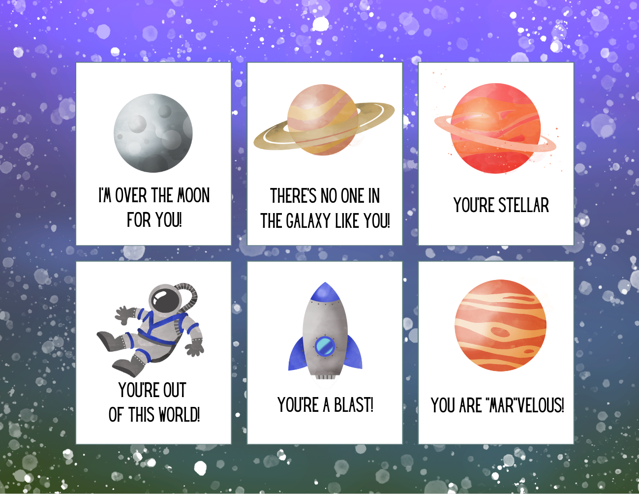 These Solar System Valentines by Wondermom Printables are perfect for astronomy enthusiasts, featuring six space-themed cards. Top row: moon ("I'm over the moon for you!"), planet with rings ("There's no one in the galaxy like you!"), orange planet ("You're stellar"). Bottom row: astronaut ("You're out of this world!"), rocket ("You're a blast!"), striped planet ("You are 'mar' velous!"). Great printable Valentines.
