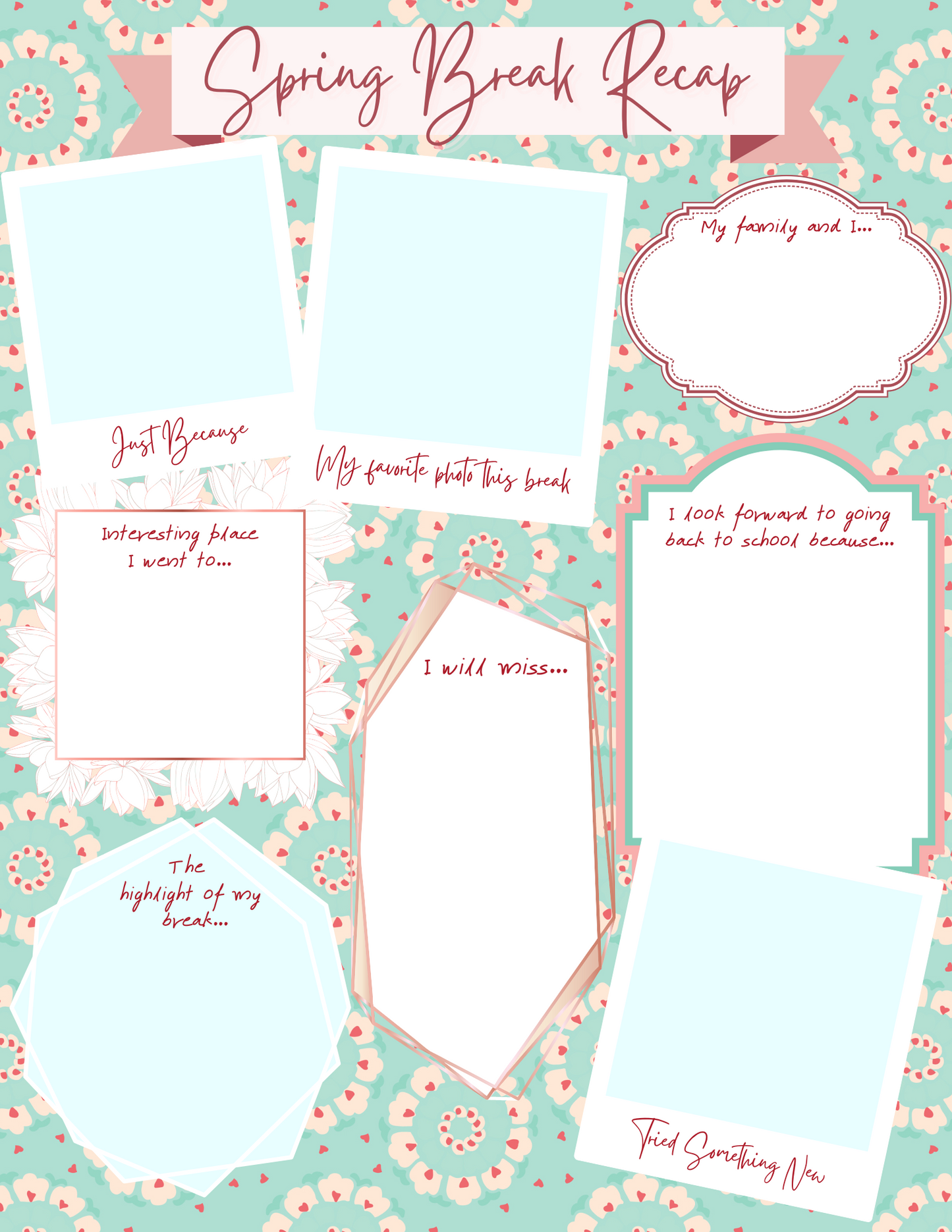 Capture your Spring Break memories with the fun, printable "Spring Break Recap" worksheet from Wondermom Printables! This template includes sections for "My favorite photo this break," "Interesting place I went to," "I will miss," "The highlight of my break," "My family and I...," "I look forward to going back to school because...," and "Tried something new.