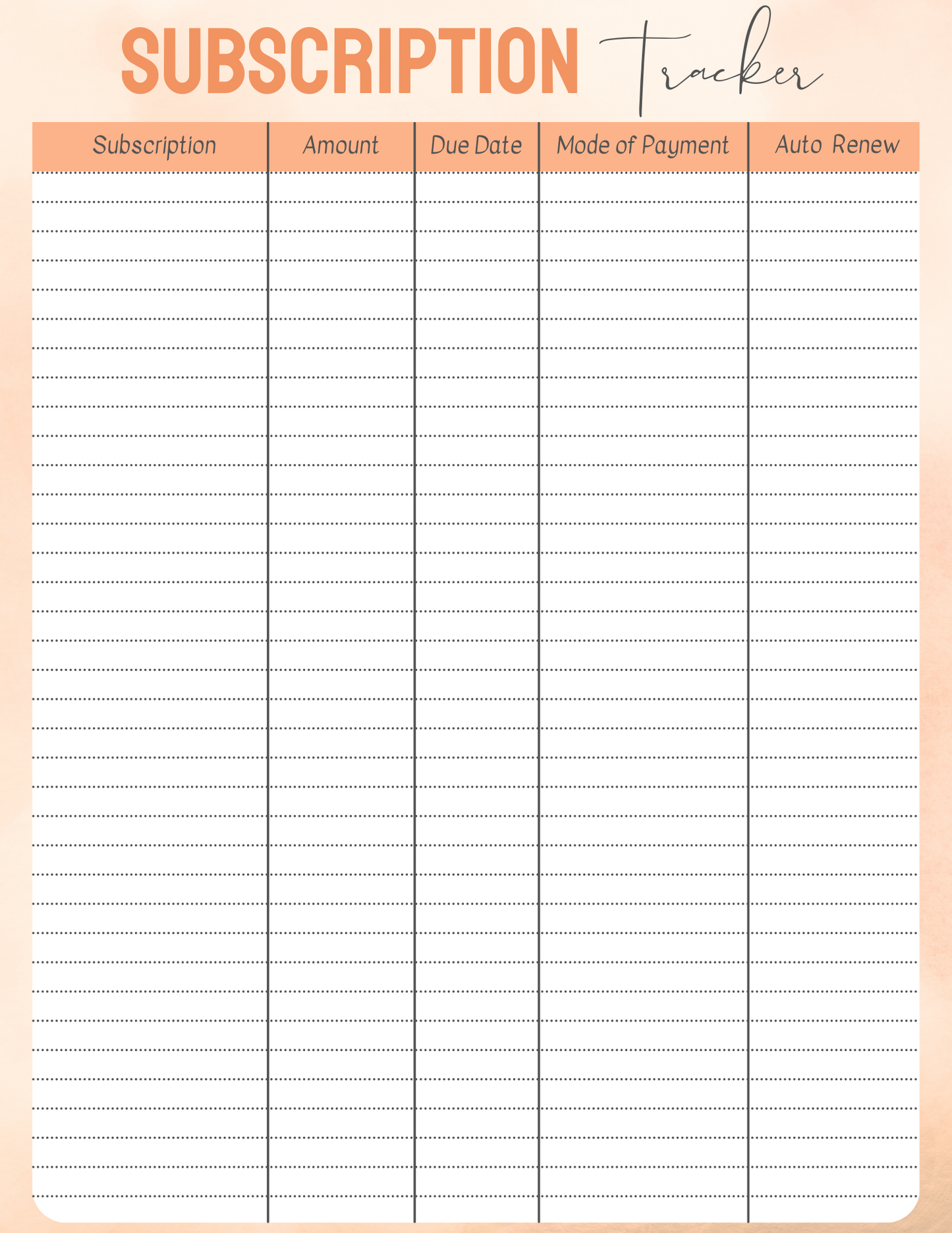 Wondermom Printables Subscription Tracker template with fields for subscription, amount, due date, mode of payment, and auto-renewal status.