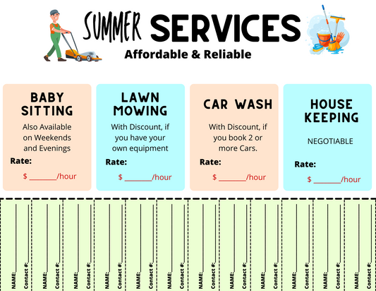A **Wondermom Printables Summer Job Flyer** designed for entrepreneurial kids, offering services such as babysitting, lawn mowing, car washing, and housekeeping. The flyer includes sections to list availability, discount offers, and space to add rates. Tear-off contact details are conveniently placed at the bottom to help them kickstart their own business.