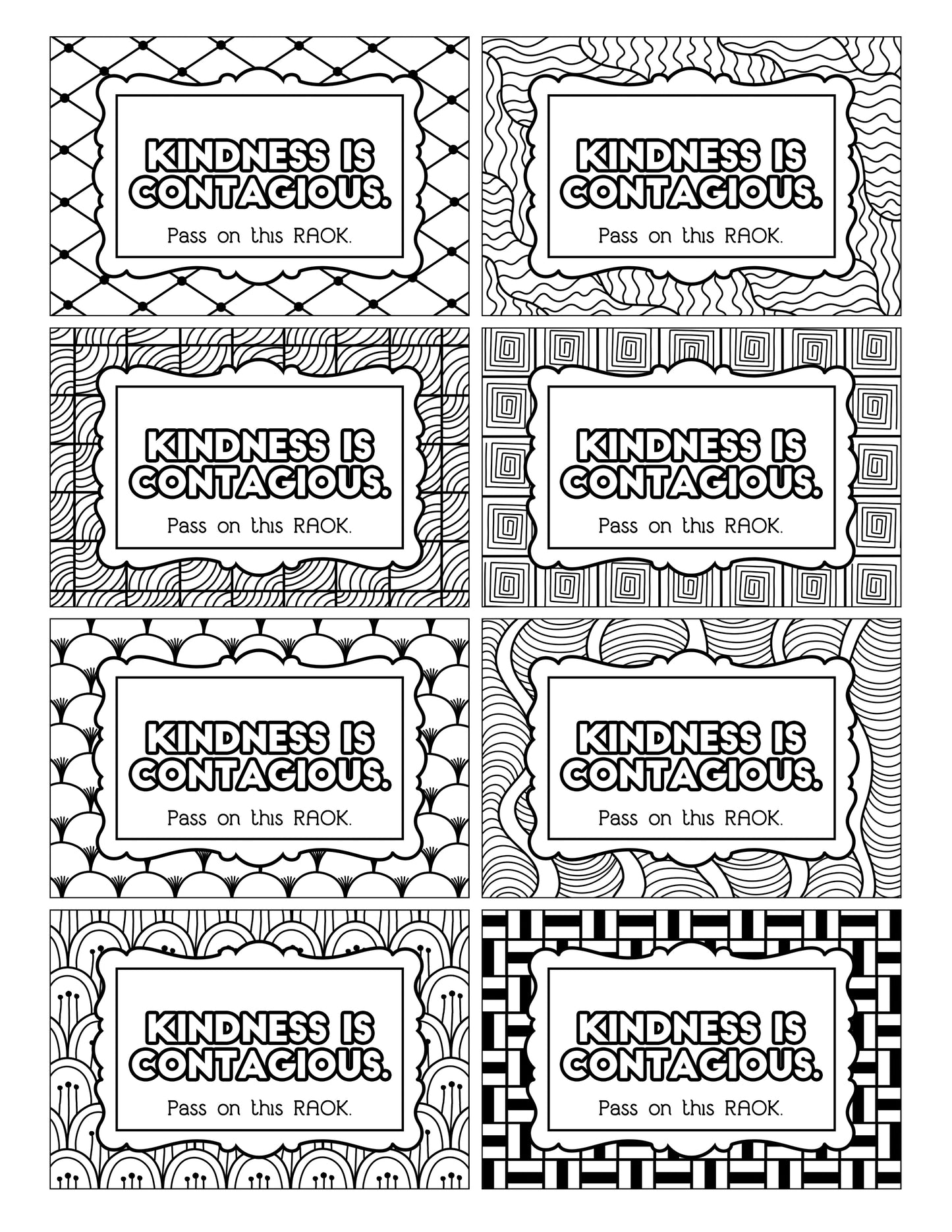 A set of Color Kindness Gift Bundles by Wondermom Shop with black and white coloring pages with signs and labels that can be colored in, including kindness gift tags.