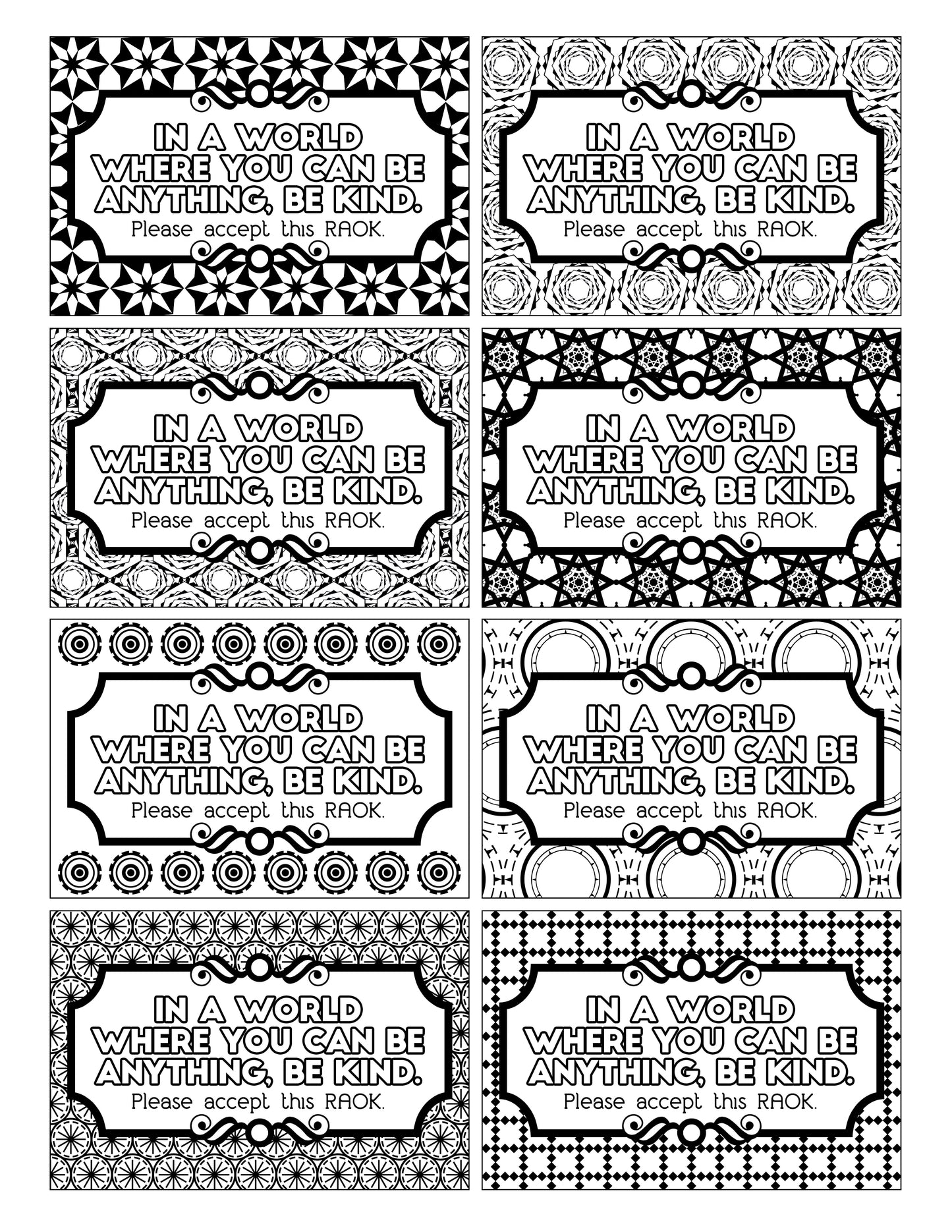 A set of black and white Color Kindness Gift Bundle coloring pages featuring kindness-themed designs, perfect for creating labels or gift tags from Wondermom Shop.