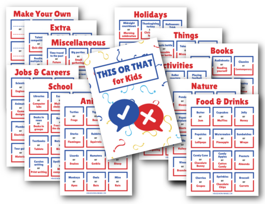An extensive collection of customizable Ultimate "This or That?" Printable Question Cards Set for kids by Wondermom Shop.