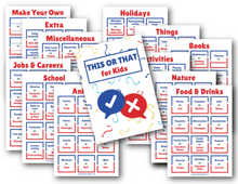 Load image into Gallery viewer, An extensive collection of customizable Ultimate &quot;This or That?&quot; Printable Question Cards Set for kids by Wondermom Shop.
