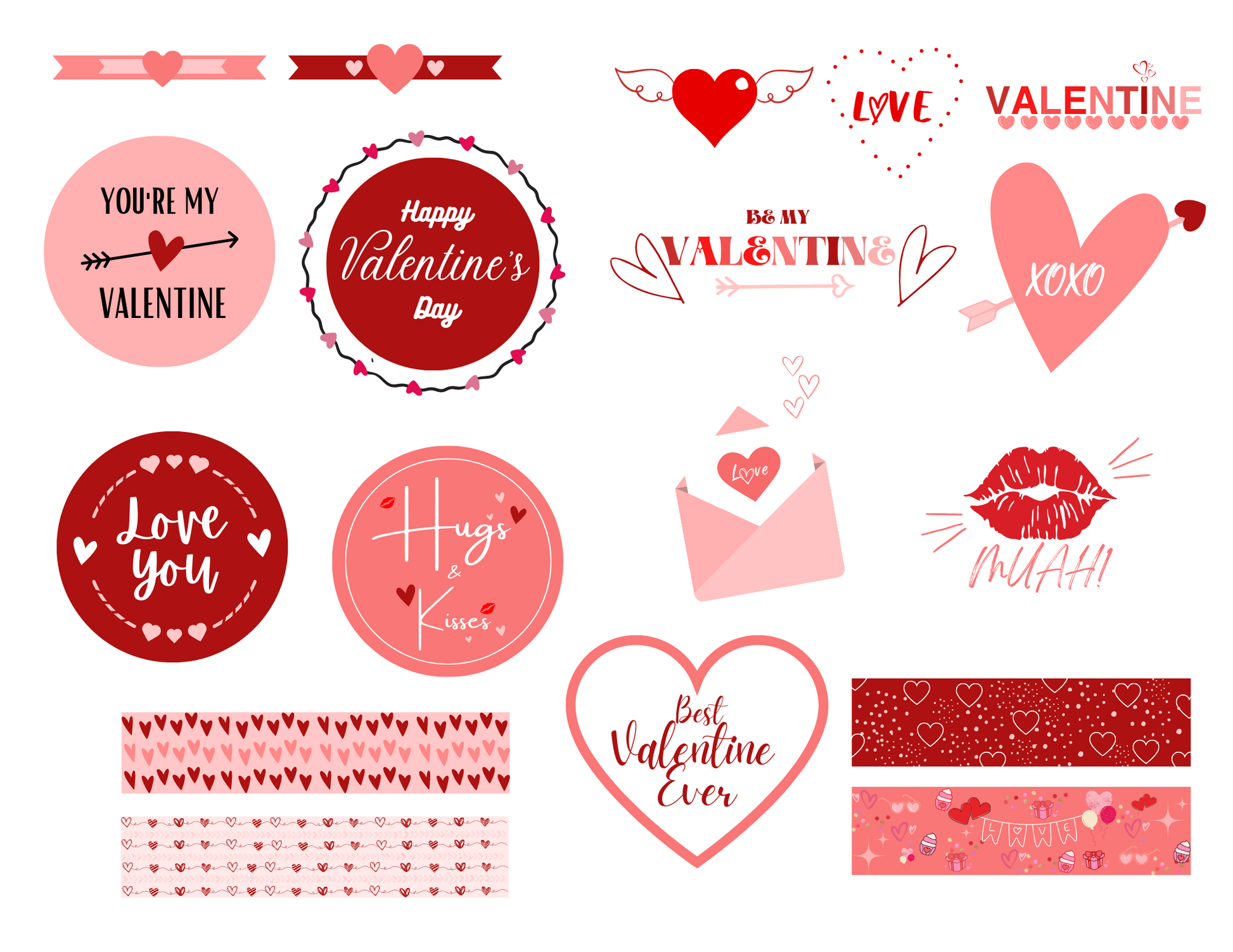 The "Valentine Planner Stickers" by Wondermom Printables features a collection of Valentine's Day-themed graphics, including hearts, love notes, and romantic phrases in vibrant red and pink tones.
