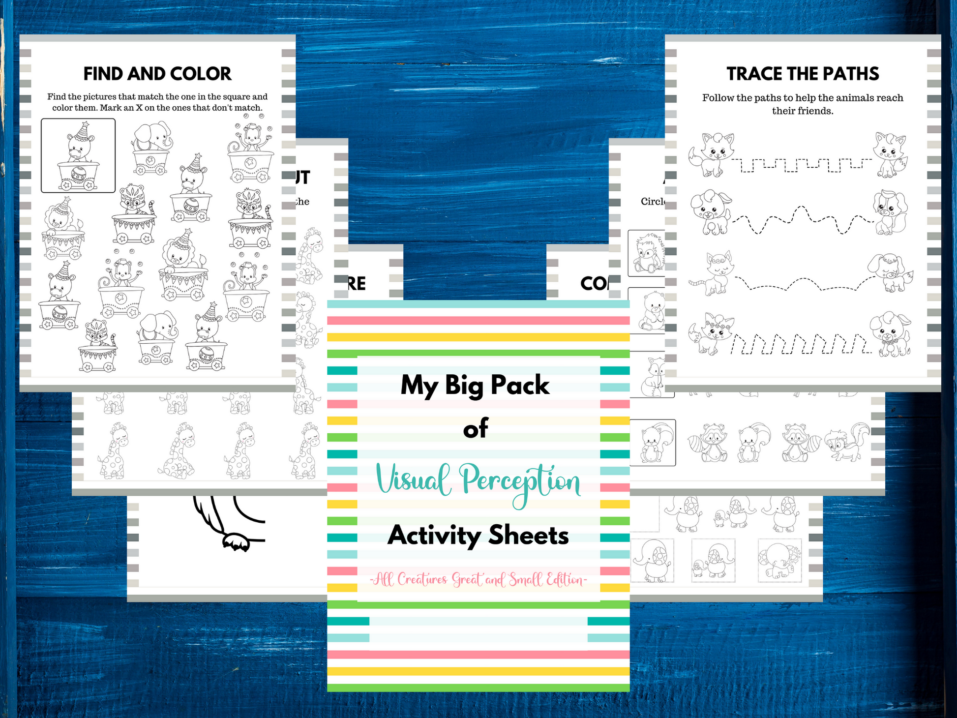 This image shows a set of children's activity sheets titled "Visual Perception Activity Set" from Wondermom Shop, featuring exercises like tracing paths and matching pictures to enhance children's visual perception skills through animal-themed activities.