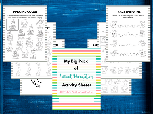 This image shows a set of children's activity sheets titled "Visual Perception Activity Set" from Wondermom Shop, featuring exercises like tracing paths and matching pictures to enhance children's visual perception skills through animal-themed activities.