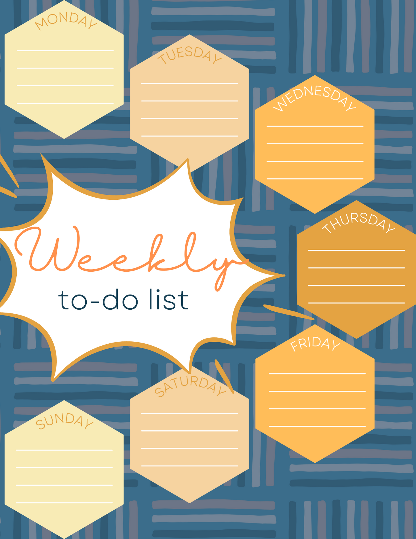 Boost productivity with Wondermom Printables' "Weekly To-Dos." This illustrated weekly to-do list features hexagonal sections for each day on a textured blue background. The central text reads "Weekly To-Dos," and each day's section is left blank for note-taking.