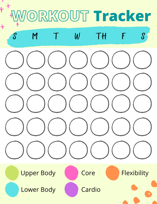 The Workout Tracker by Wondermom Printables features a grid of empty circles representing days Monday through Friday. A color legend identifies categories: Upper Body, Core, Flexibility, Lower Body, and Cardio. It's perfect for tracking workouts and staying on top of your fitness goals.