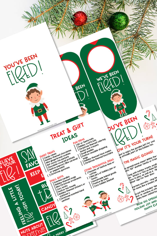 The Wondermom Shop's "You’ve Been Elfed: Holiday Cheer Kit" offers Christmas-themed printouts featuring elf illustrations, treat and gift ideas, and holiday messages. Ideal for festive crafts, it spreads cheer with decorations of pine branches and ornaments.