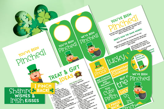 Explore VIP Vault's "You’ve Been Pinched" St. Patrick's Day printables, featuring leprechauns, shamrocks, and "Lucky" in vibrant green and gold. Ideal for festive treat bags or game activities!.