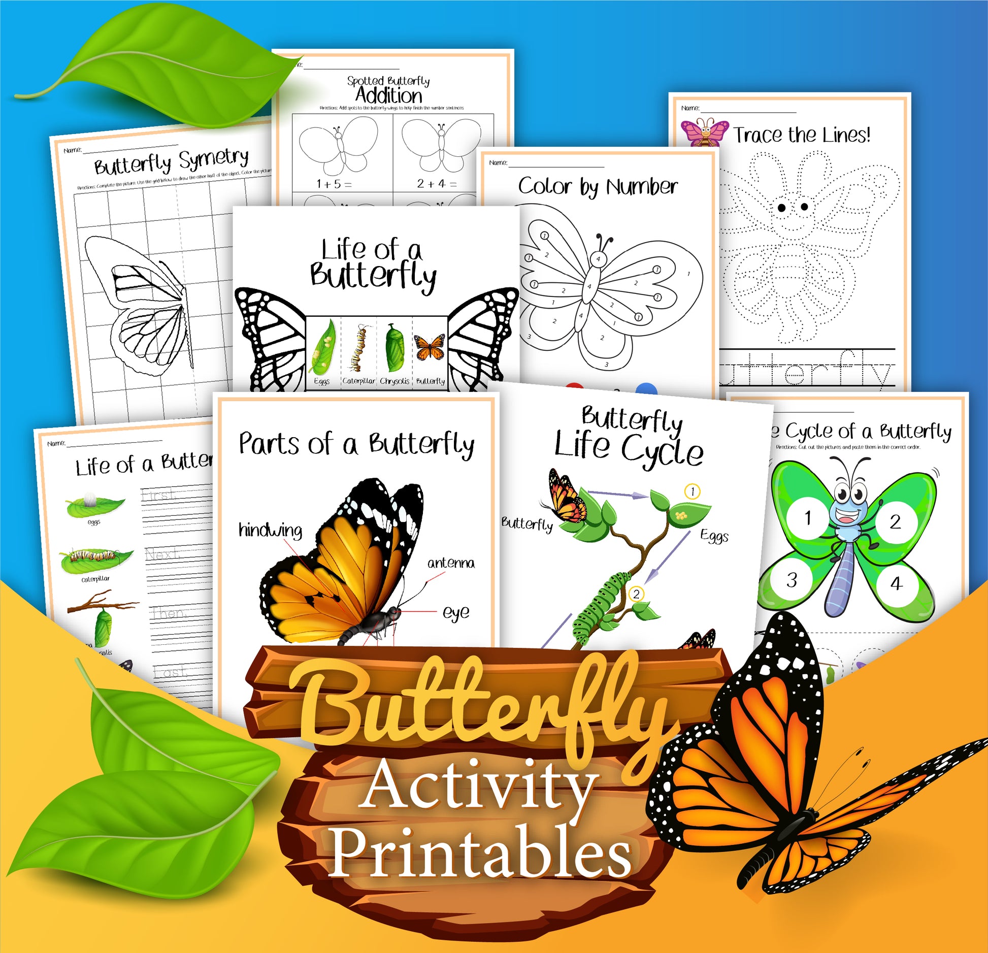 A set of butterfly-themed educational printables called the "Butterfly Activity Set" by Wondermom Shop is displayed, featuring worksheets on the butterfly life cycle, addition, symmetry, and tracing lines. The title "Butterfly Activity Printables" is at the bottom. This engaging educational pack fosters interactive learning with every activity.