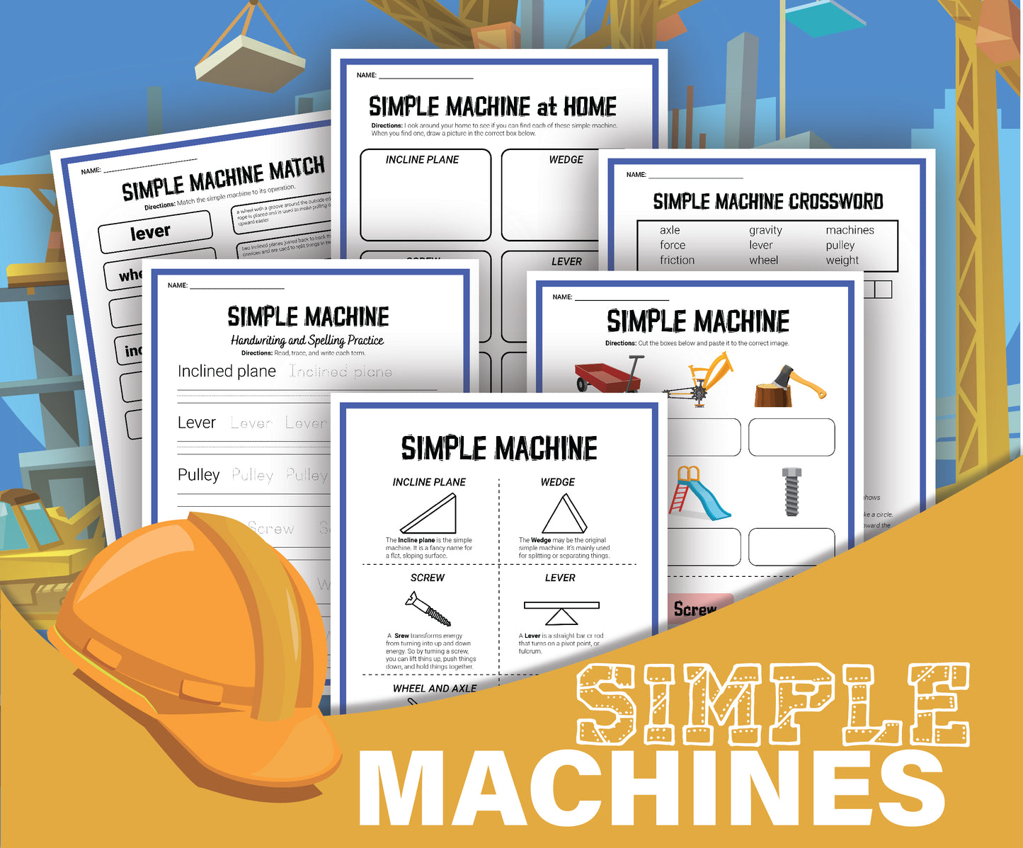 An assortment of educational worksheets titled "Simple Machines Activity Set" from Wondermom Shop, featuring illustrations of levers, inclined planes, wedges, screws, and pulleys. Perfect for Young Engineers, a construction helmet is placed in the foreground.