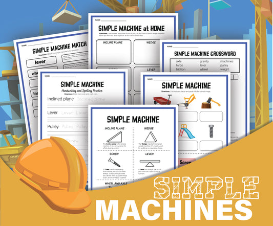 An assortment of educational worksheets titled "Simple Machines Activity Set" from Wondermom Shop, featuring illustrations of levers, inclined planes, wedges, screws, and pulleys. Perfect for Young Engineers, a construction helmet is placed in the foreground.
