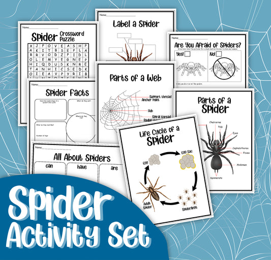 Introducing the "Spider Activity Set" by Wondermom Shop—an educational pack featuring worksheets on spider anatomy, the spider life cycle, fascinating facts about spiders, parts of a web, and a crossword puzzle, all showcased against a captivating blue background with an intricate spiderweb design.