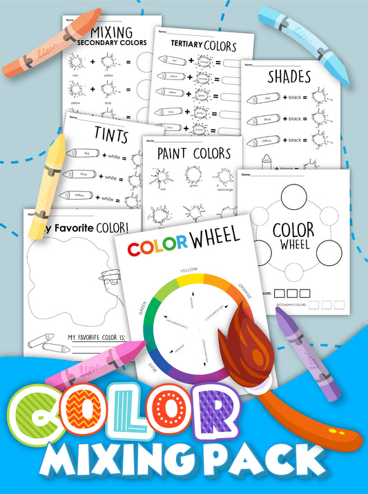 Image of a "Colors Activity Set" by Wondermom Shop, showcasing interactive worksheets on mixing secondary and tertiary colors, shades, tints, and paint colors. Included in the set are a color wheel and vibrant crayons scattered around.