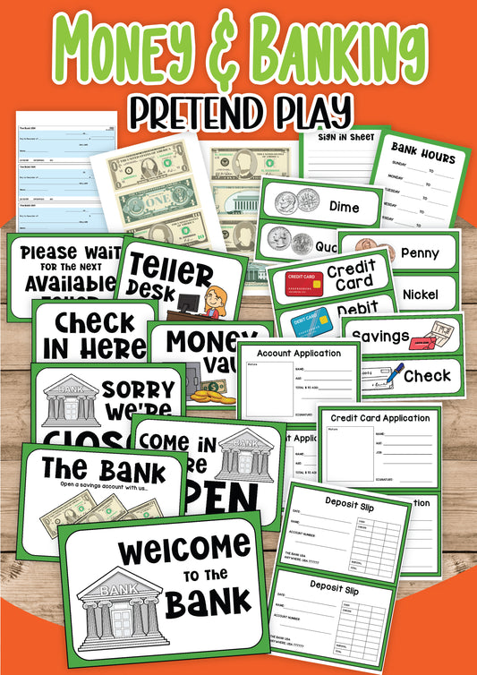 The Bank Pretend Play set from Wondermom Shop includes play money, bank forms, credit and bank cards, and signage for various transactions. Perfect for imaginative play, it helps children develop money management skills while having fun.