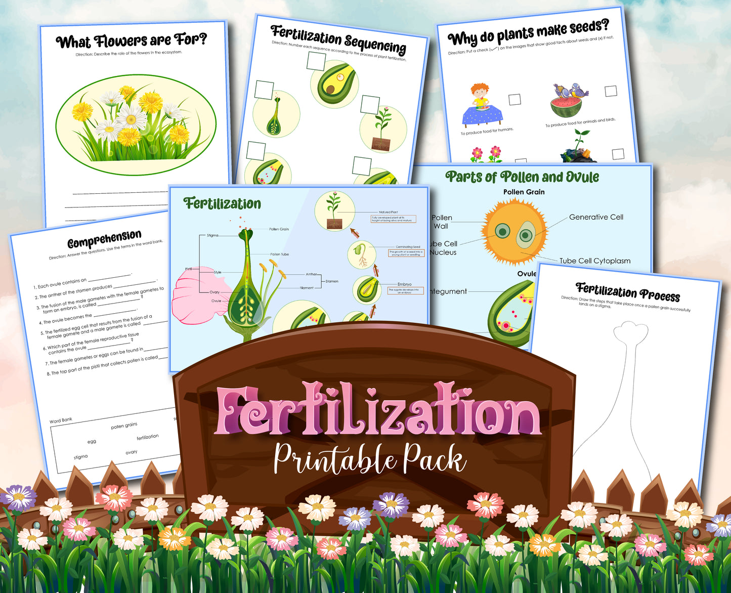 Introducing the "Plant Fertilization Activity Set" by Wondermom Shop, a comprehensive collection of educational worksheets perfect for young botanists. This set features detailed diagrams and engaging activities about plant fertilization, all beautifully displayed against a backdrop of blooming flowers and a charming wooden sign.