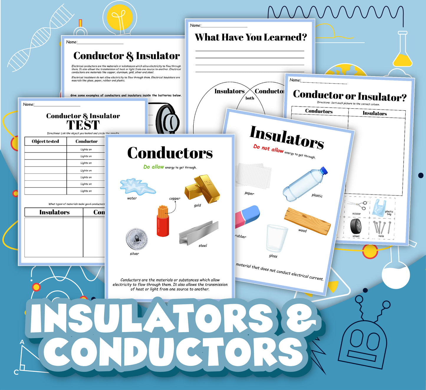 Explore the Insulators and Conductors Activity Set by Wondermom Shop: This comprehensive collage includes educational worksheets on electrical materials featuring tests, illustrations, and activities. The background is adorned with science-themed graphics, while the text at the bottom reads "INSULATORS & CONDUCTORS," covering all aspects of insulators and conductors.