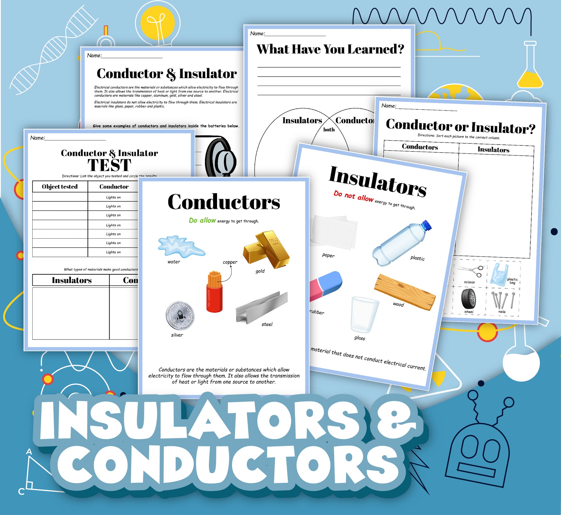 Explore the Insulators and Conductors Activity Set by Wondermom Shop: This comprehensive collage includes educational worksheets on electrical materials featuring tests, illustrations, and activities. The background is adorned with science-themed graphics, while the text at the bottom reads "INSULATORS & CONDUCTORS," covering all aspects of insulators and conductors.