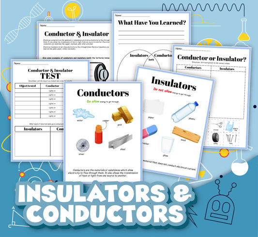 Explore the Insulators and Conductors Activity Set by Wondermom Shop: This comprehensive collage includes educational worksheets on electrical materials featuring tests, illustrations, and activities. The background is adorned with science-themed graphics, while the text at the bottom reads "INSULATORS & CONDUCTORS," covering all aspects of insulators and conductors.