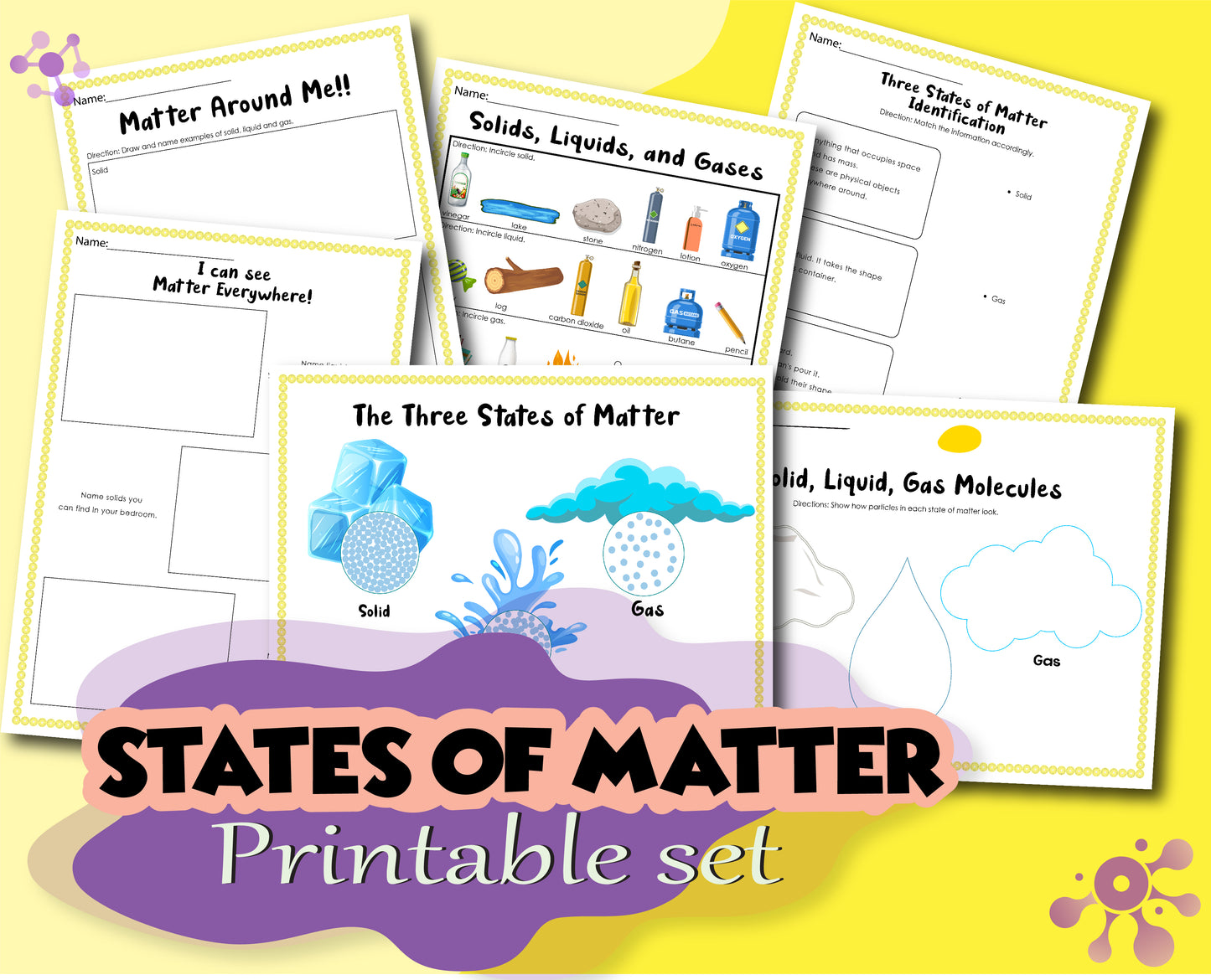 The States of Matter Activity Set from Wondermom Shop is a printable collection that includes worksheets on solids, liquids, gases, and their properties, perfect for young scientists. This engaging activity pack features colorful illustrations of molecules and everyday objects.
