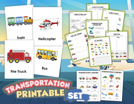 The Transportation Activity Set by Wondermom Shop includes transportation flashcards showcasing a train, helicopter, fire truck, and bus. This set also offers various activity sheets for tracing, matching, and labeling different vehicles, perfect for vocabulary building.